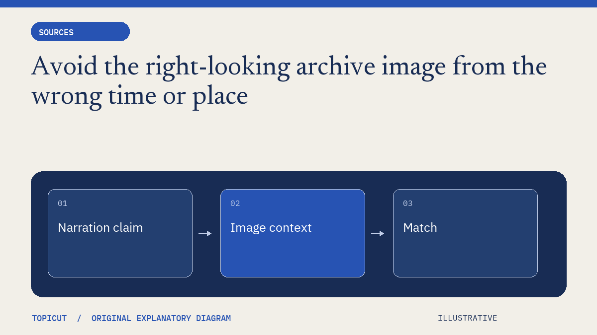 Avoid the right-looking archive image from the wrong time or place Original illustrative diagram: Narration claim → Image context → Match.
