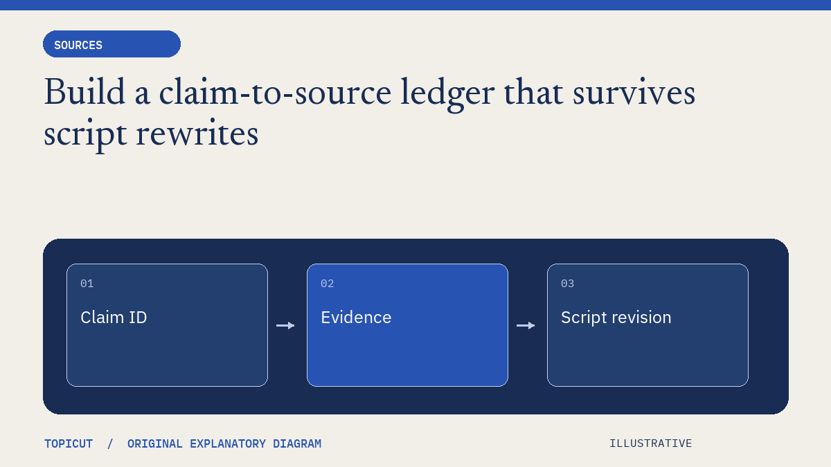 Build a claim-to-source ledger that survives script rewrites Original illustrative diagram: Claim ID → Evidence → Script revision.