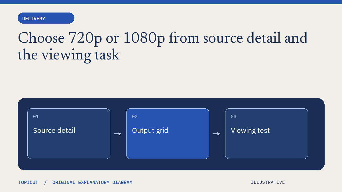 Choose 720p or 1080p from source detail and the viewing task Original illustrative diagram: Source detail → Output grid → Viewing test.