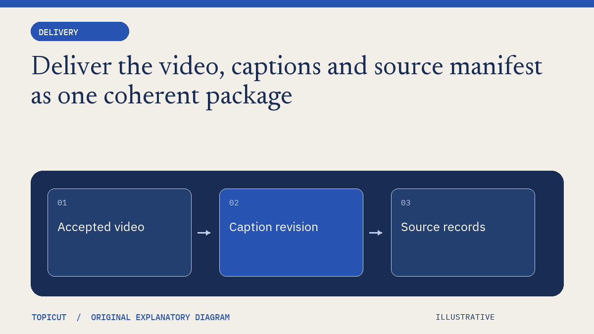 Deliver the video, captions and source manifest as one coherent package Original illustrative diagram: Accepted video → Caption revision → Source records.