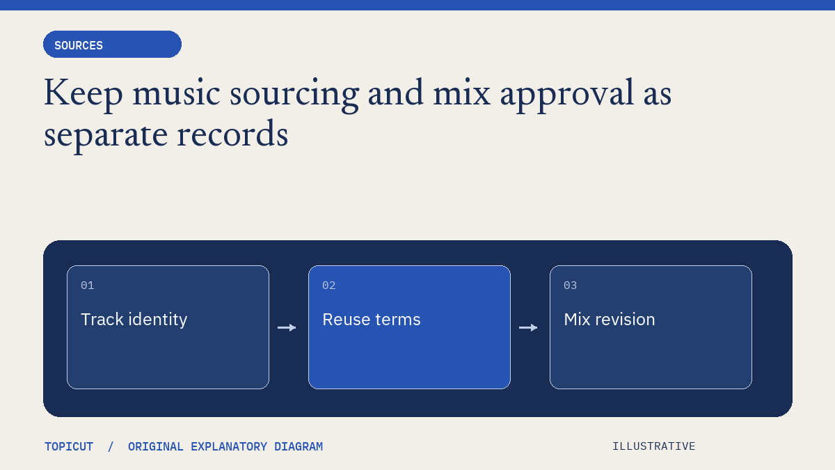Keep music sourcing and mix approval as separate records Original illustrative diagram: Track identity → Reuse terms → Mix revision.