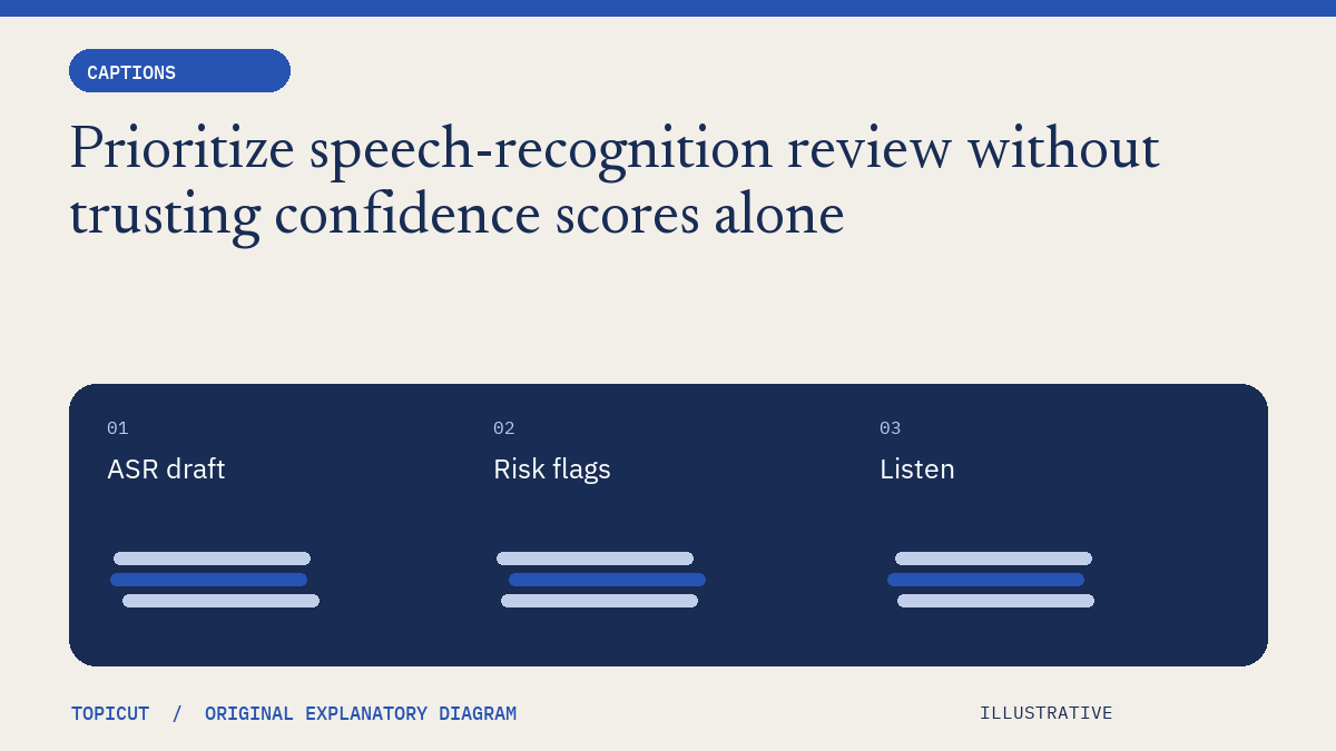 Prioritize speech-recognition review without trusting confidence scores alone Original illustrative diagram: ASR draft → Risk flags → Listen.