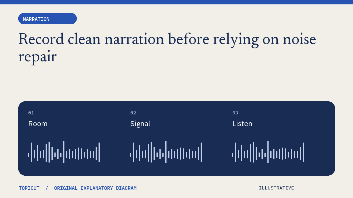Record clean narration before relying on noise repair Original illustrative diagram: Room → Signal → Listen.