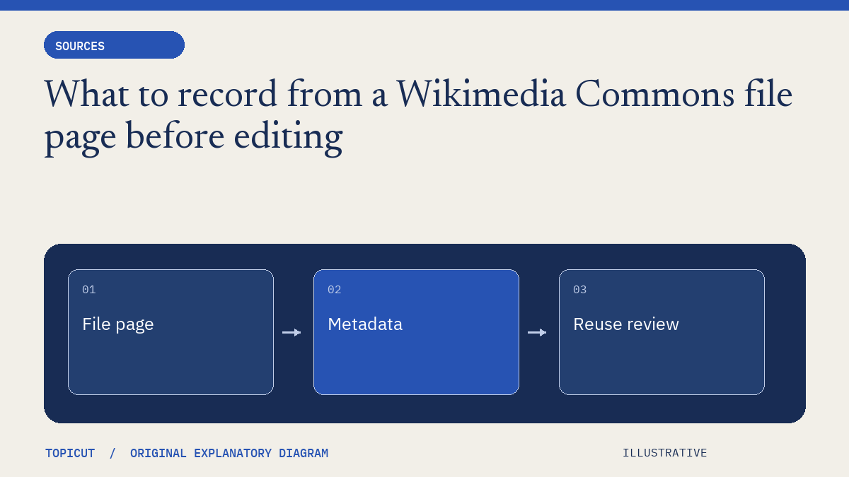 What to record from a Wikimedia Commons file page before editing Original illustrative diagram: File page → Metadata → Reuse review.