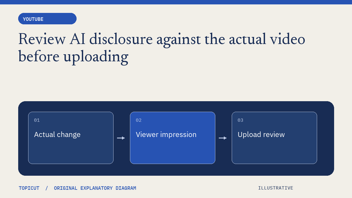 Review AI disclosure against the actual video before uploading Original illustrative diagram: Actual change → Viewer impression → Upload review.