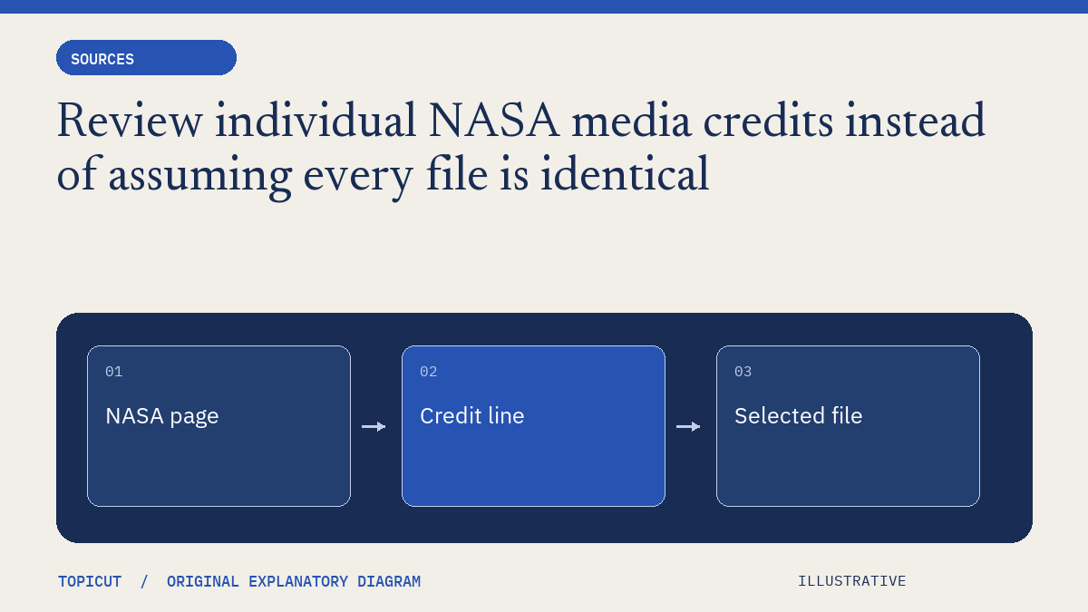 Review individual NASA media credits instead of assuming every file is identical Original illustrative diagram: NASA page → Credit line → Selected file.