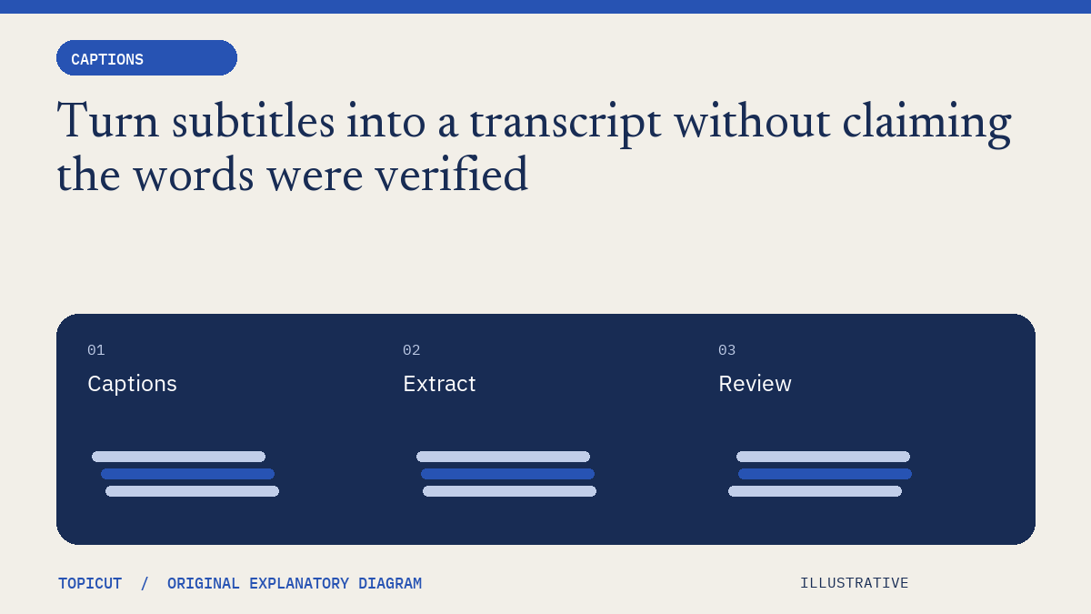 Turn subtitles into a transcript without claiming the words were verified Original illustrative diagram: Captions → Extract → Review.