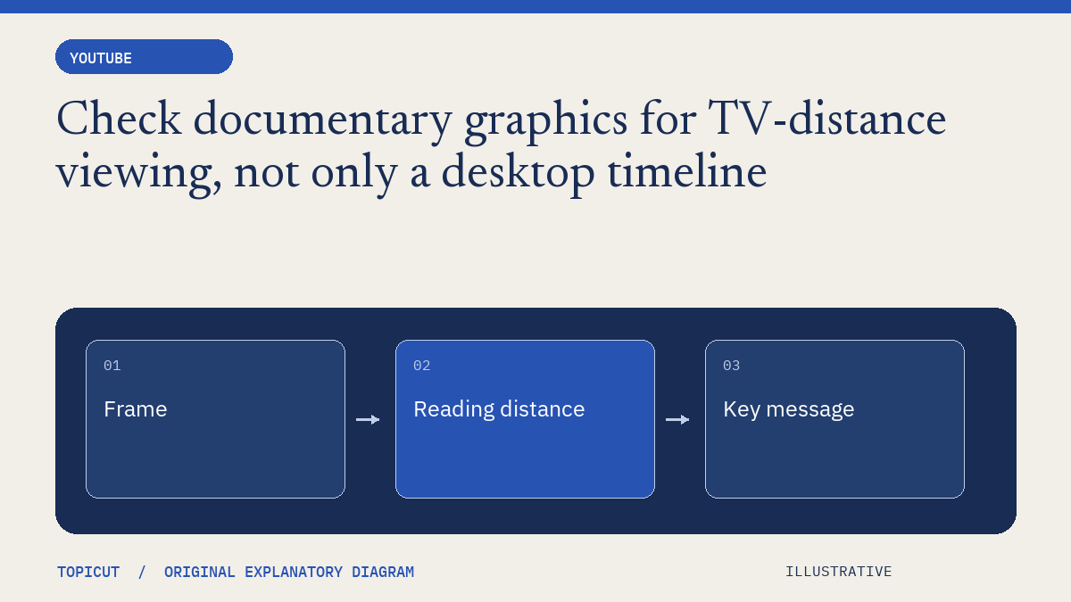 Check documentary graphics for TV-distance viewing, not only a desktop timeline Original illustrative diagram: Frame → Reading distance → Key message.